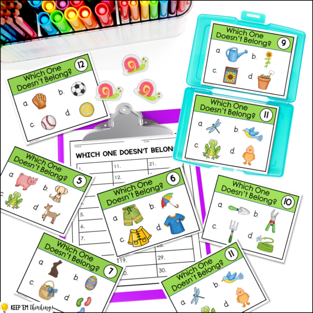 These vocabulary task cards have students using critical thinking skills to determine which object doesn't belong.