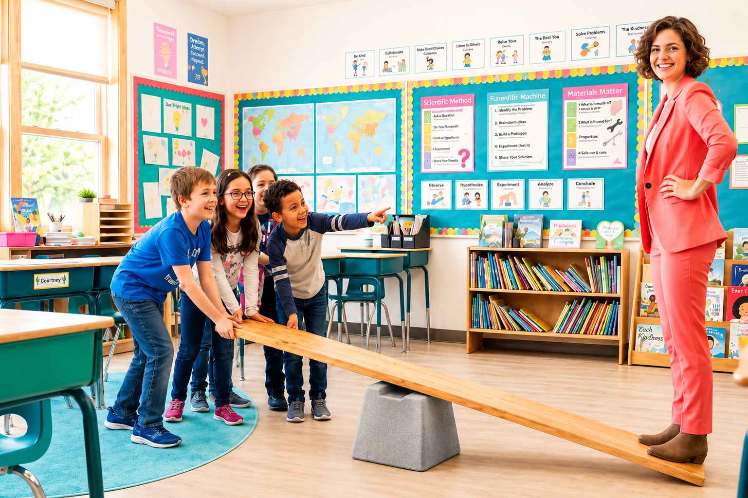 making learning stick ideas using a board and fulcrum to make a classrooom teeter totter